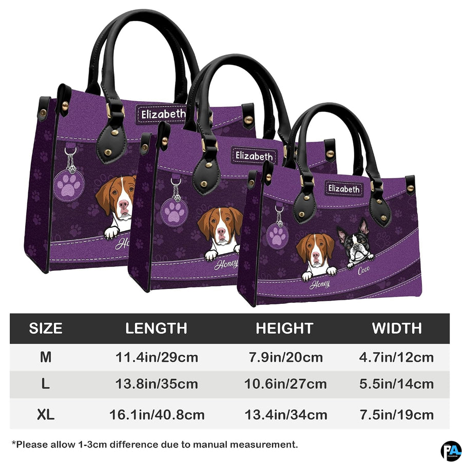 Coordinated set view of purple illustrated puppy handbag and matching wallet on white background.