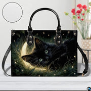 Black Cat Leather Bag – Vintage Cat Art Handbag, Stylish Animal-Themed Purse, Unique Gift for Cat Lovers