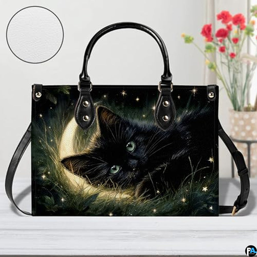 Black Cat Leather Bag – Vintage Cat Art Handbag, Stylish Animal-Themed Purse, Unique Gift for Cat Lovers