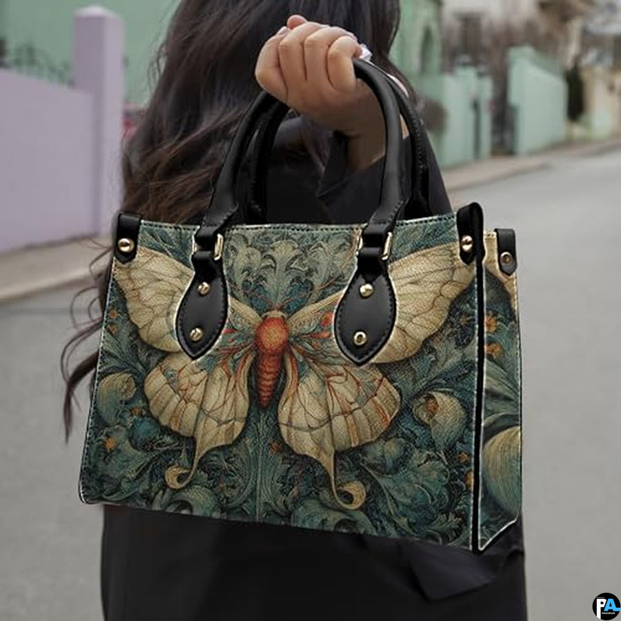Personalized Butterfly Leather Handbag – Gothic Moon Bag with Adjustable Strap and Matching Witchcore Purse for Women