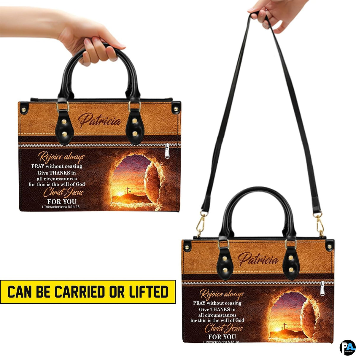 Demonstration graphic showing handheld and shoulder carrying options for the handbag
