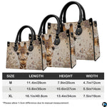 Coordinated arrangement of giraffe handbag and wallet presenting the unified safari theme.