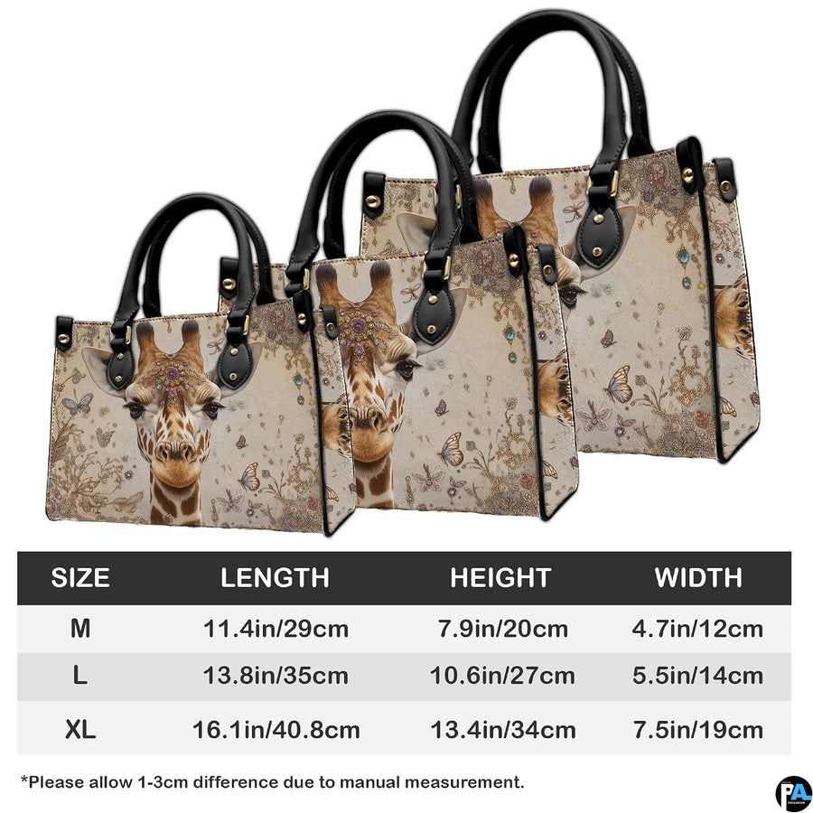 Coordinated arrangement of giraffe handbag and wallet presenting the unified safari theme.