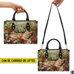 Carrying method showcase illustrating handheld top handles and shoulder display for cat butterfly art.