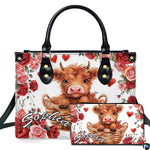 Front studio view showing fluffy Highland calf in a woven wicker basket surrounded by red roses and hearts.