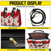 Overview illustration displaying metal hardware, detachable strap, zippered closure, and interior compartment.