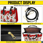 Overview illustration displaying metal hardware, detachable strap, zippered closure, and interior compartment.
