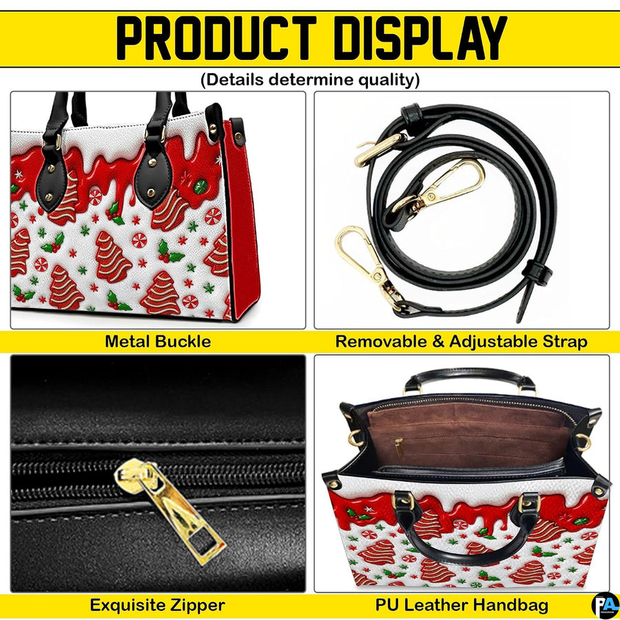 Overview illustration displaying metal hardware, detachable strap, zippered closure, and interior compartment.