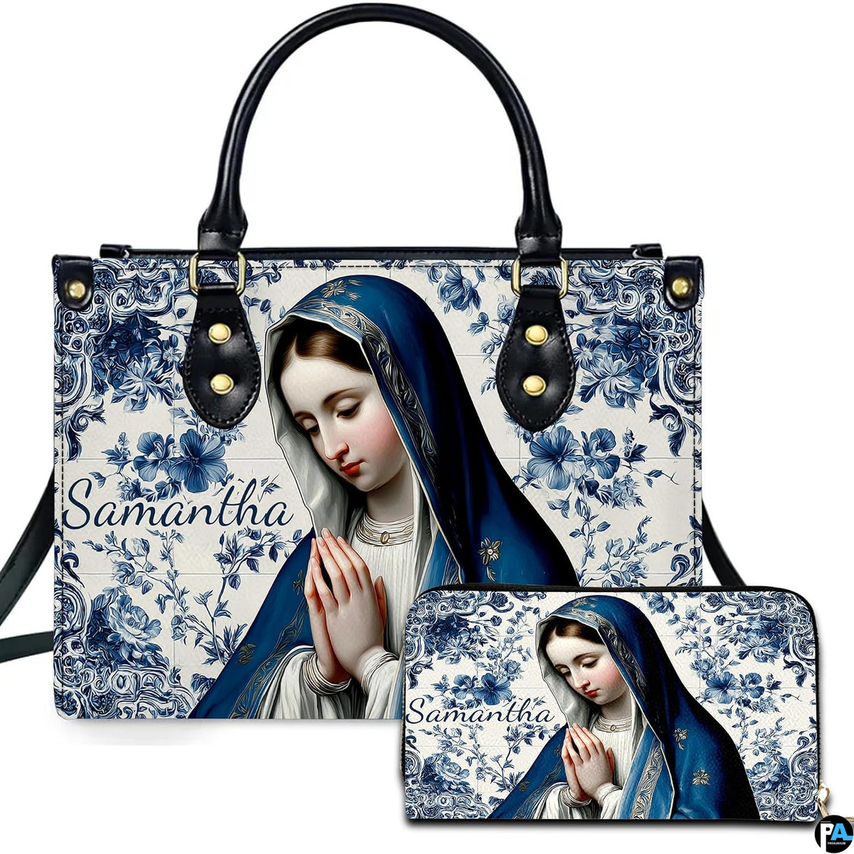 Azulejo blue tile praying Virgin Mary handbag and wallet set displayed together.