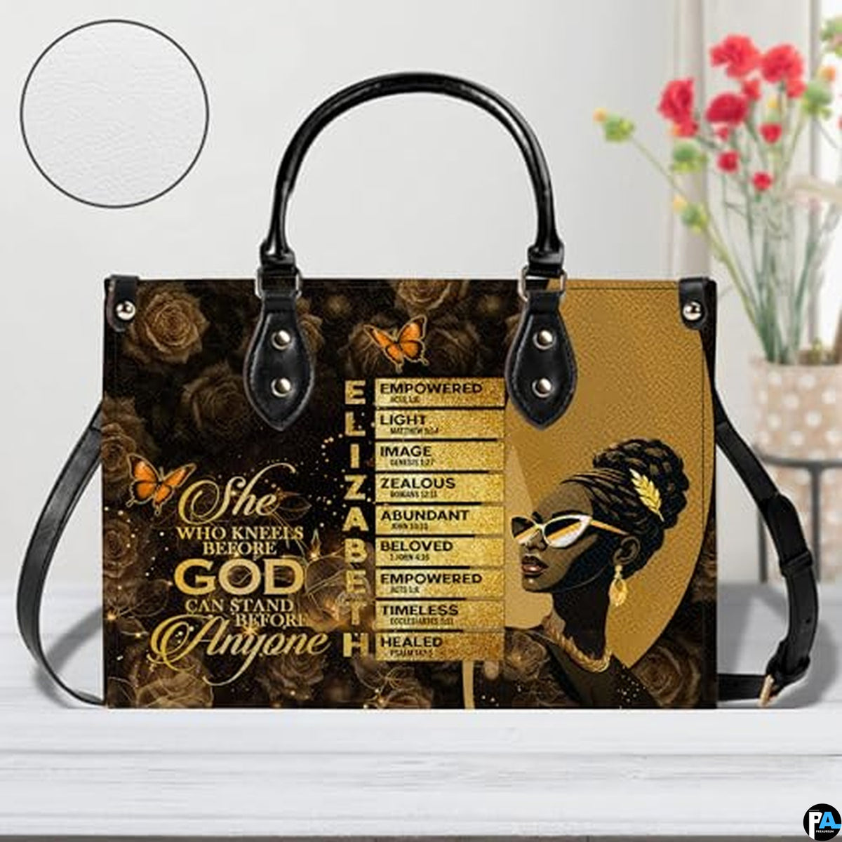 Personalized African American Woman Gold Rose Handbag - Design 01