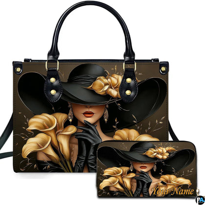 Black hat portrait handbag with golden calla lilies