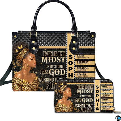 Leopard devotion faith woman handbag with scripture chart, diamond tufting, and matching wallet.