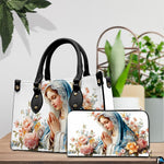 Matching praying Virgin Mary handbag and zip wallet set shown together.