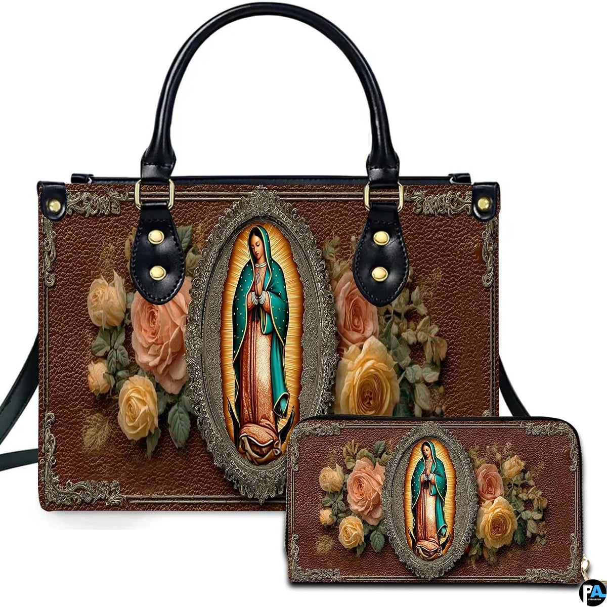 Front view of religious handbag featuring Our Lady of Guadalupe portrait and blooming roses in ornate frame