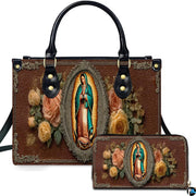 Front view of religious handbag featuring Our Lady of Guadalupe portrait and blooming roses in ornate frame