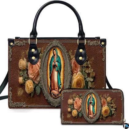 Front view of religious handbag featuring Our Lady of Guadalupe portrait and blooming roses in ornate frame