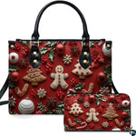 Christmas gingerbread cookies handbag featuring festive holiday treats on crimson.