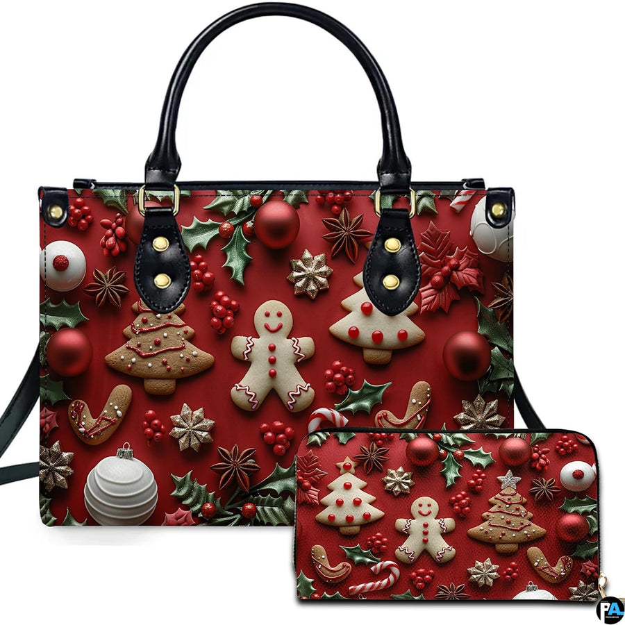 Christmas gingerbread cookies handbag featuring festive holiday treats on crimson.