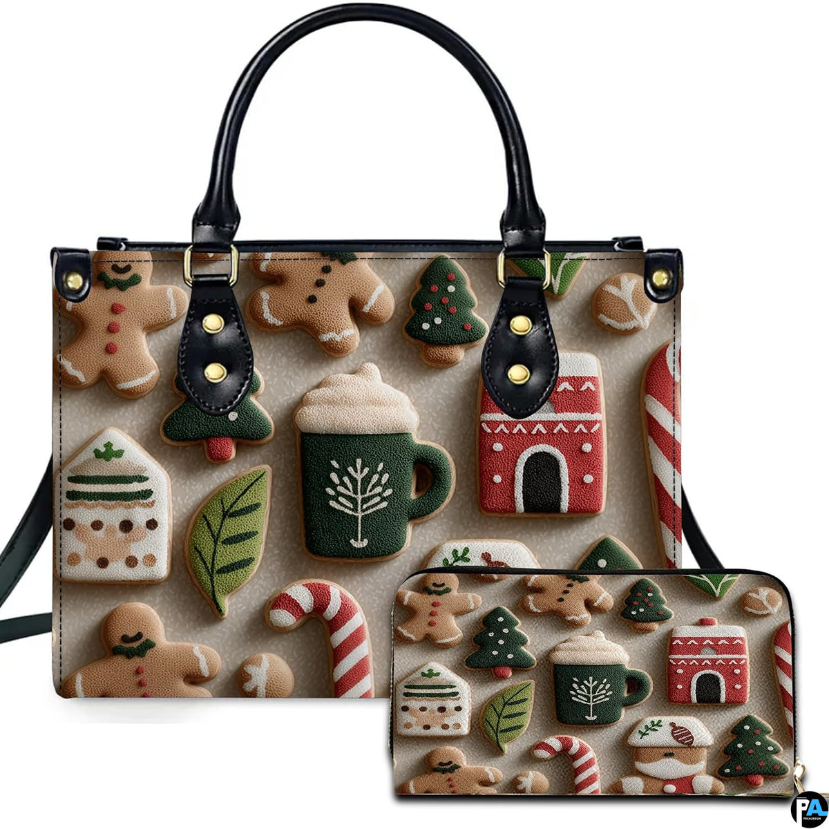 Studio isolated view of gingerbread men, Santa cookies, and candy canes pattern on cream backdrop.