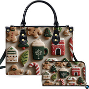 Studio isolated view of gingerbread men, Santa cookies, and candy canes pattern on cream backdrop.