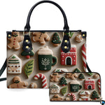 Studio isolated view of gingerbread men, Santa cookies, and candy canes pattern on cream backdrop.