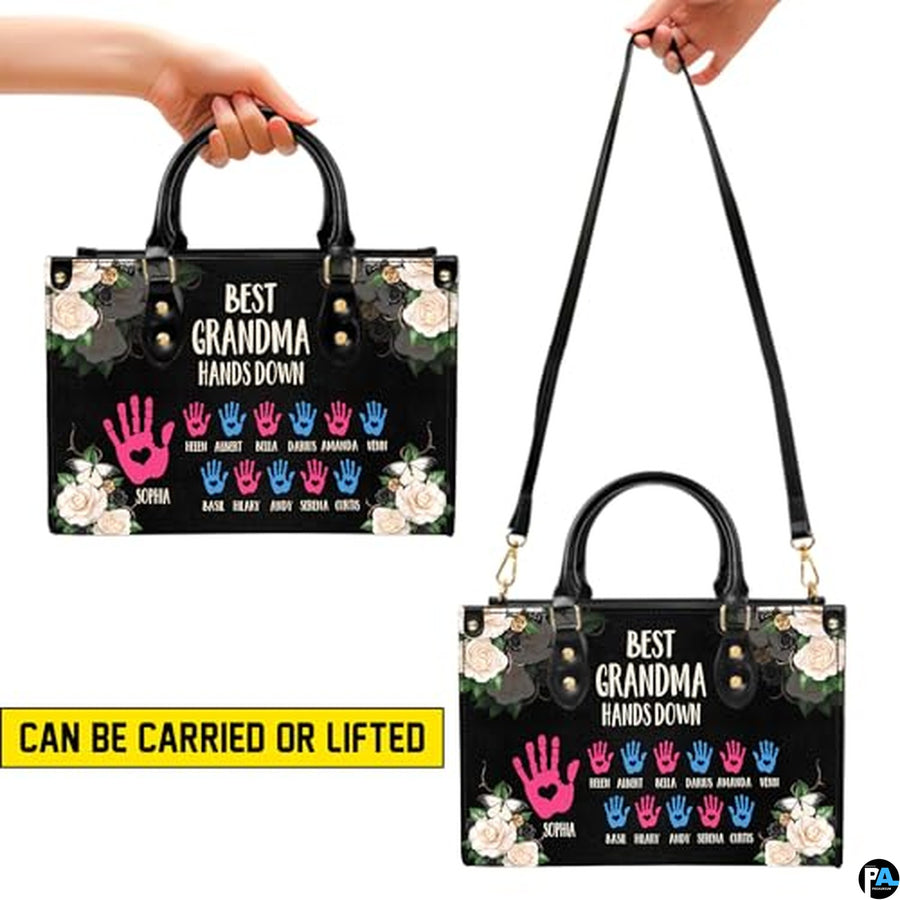 Mothers Day Gift Leather Bag- Personalized Grandmas Purse With Grandkids Names, Grandma Handbag Birthday Gifts For Mom Women