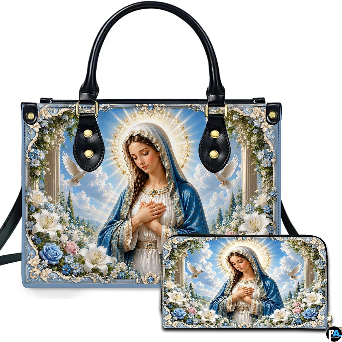 Front view of white doves Madonna handbag and matching wallet set with marble columns and lilies