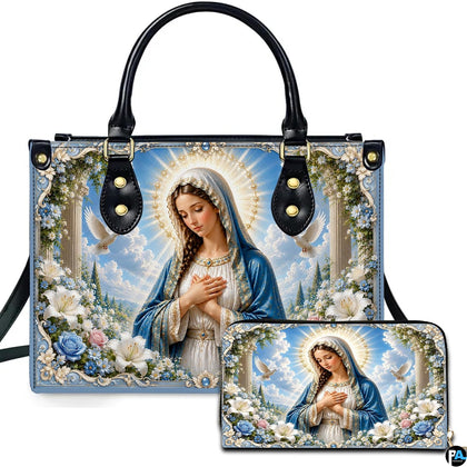Front view of white doves Madonna handbag and matching wallet set with marble columns and lilies