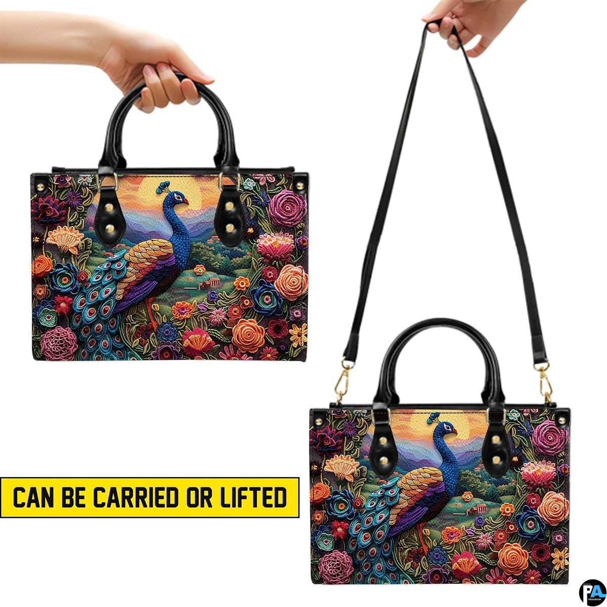 Peacock floral handbag shown in top-handle and shoulder carry styles