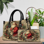 Angled view showing detailed Victorian holiday sheet music print on structured handbag