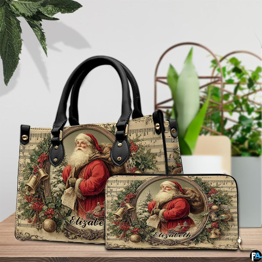 Angled view showing detailed Victorian holiday sheet music print on structured handbag