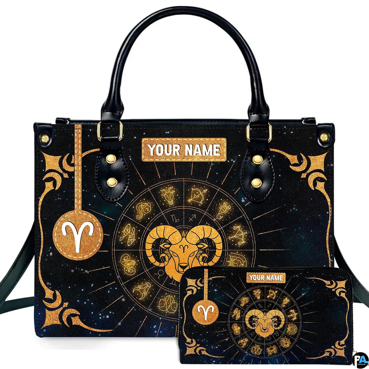 Golden celestial zodiac ram handbag and matching wallet set featuring radiating horoscope wheel.