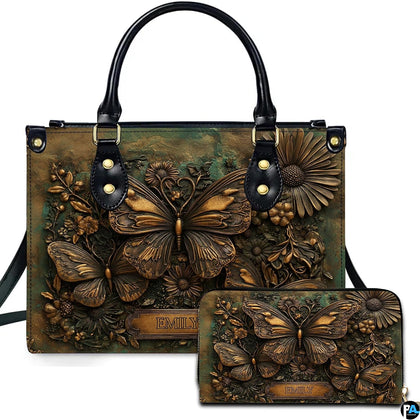 Vintage butterfly handbag and matching wallet with bronze floral artwork