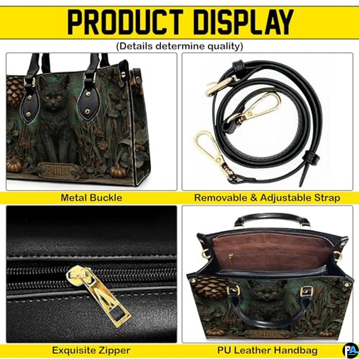 Personalized Animal Leather Handbag – Custom Name Flowers with 2D Print with 3D Effect – Gift for Gramma, Mom, Daughter