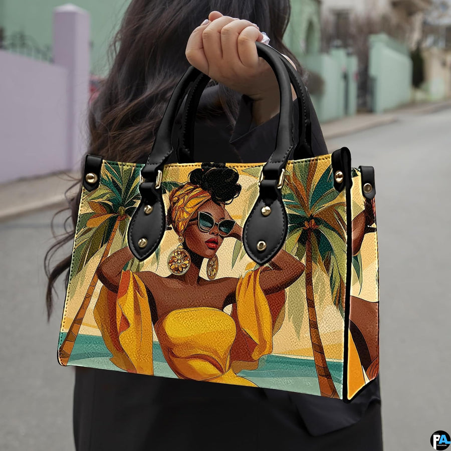Outdoor street lifestyle display of the tropical sunglasses fashion accessory held by dual handles.