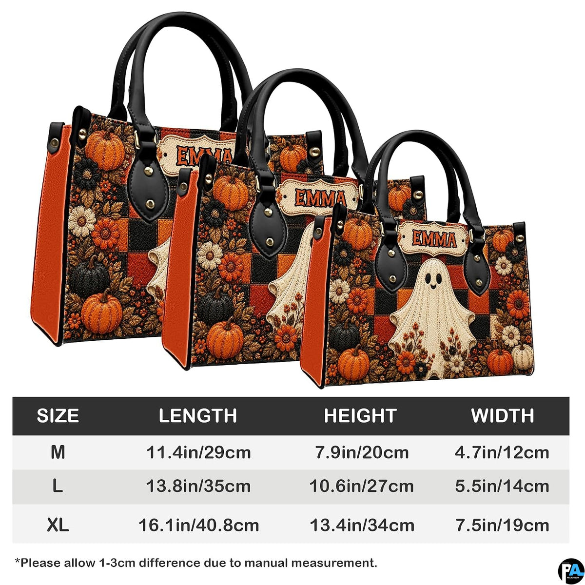 Dimension table comparing medium, large, and extra-large satchel sizing options.