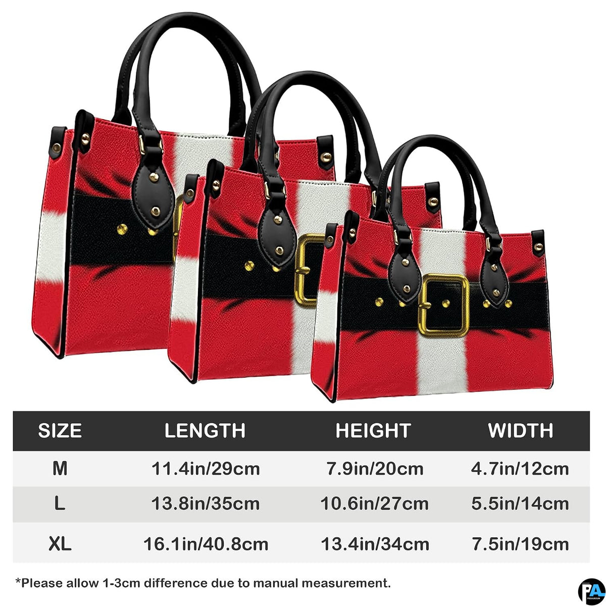 Size guide diagram illustrating medium, large, and extra-large dimensions for the Santa costume handbag.