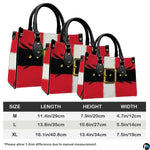 Size guide diagram illustrating medium, large, and extra-large dimensions for the Santa costume handbag.