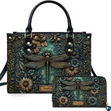 Embossed Dragonfly Floral Handbag and Matching Wallet Set
