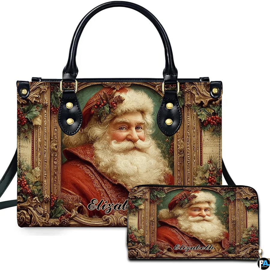 Victorian Santa Claus portrait handbag and matching wallet set in an ornate golden frame.
