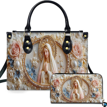 Front view of pearl cameo Virgin Mary handbag and matching zippered wallet with sculpted floral halo.