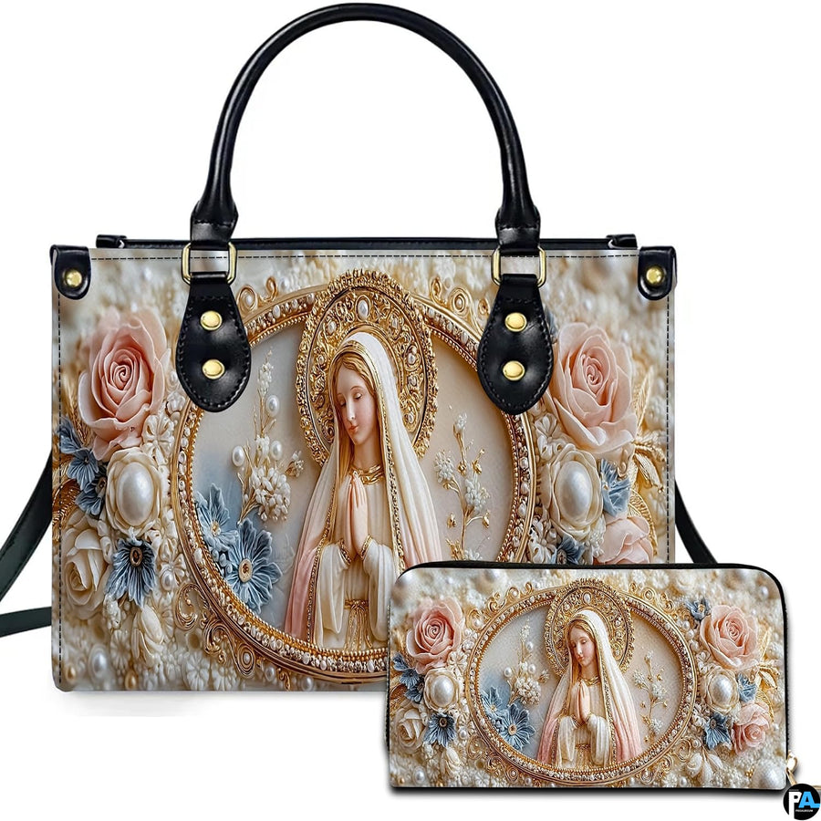 Front view of pearl cameo Virgin Mary handbag and matching zippered wallet with sculpted floral halo.