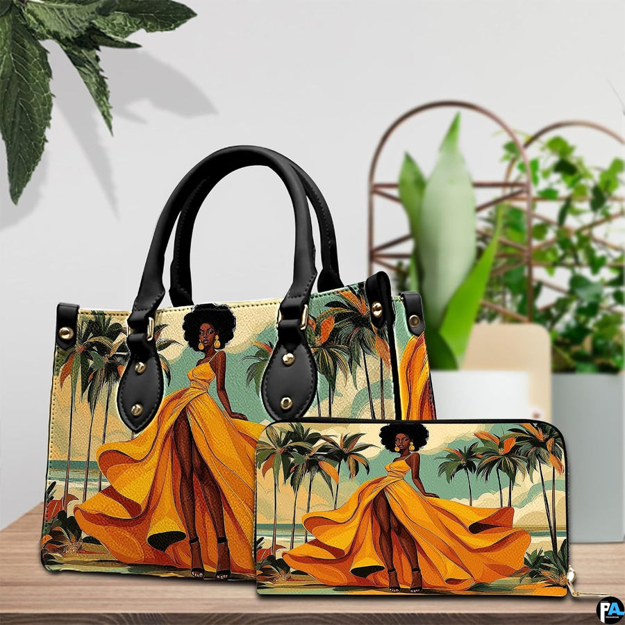 Matching coastal fashion accessories arranged together on a wooden tabletop next to indoor potted greenery.