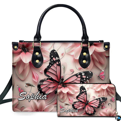 Blush pink butterfly floral handbag and matching wallet set