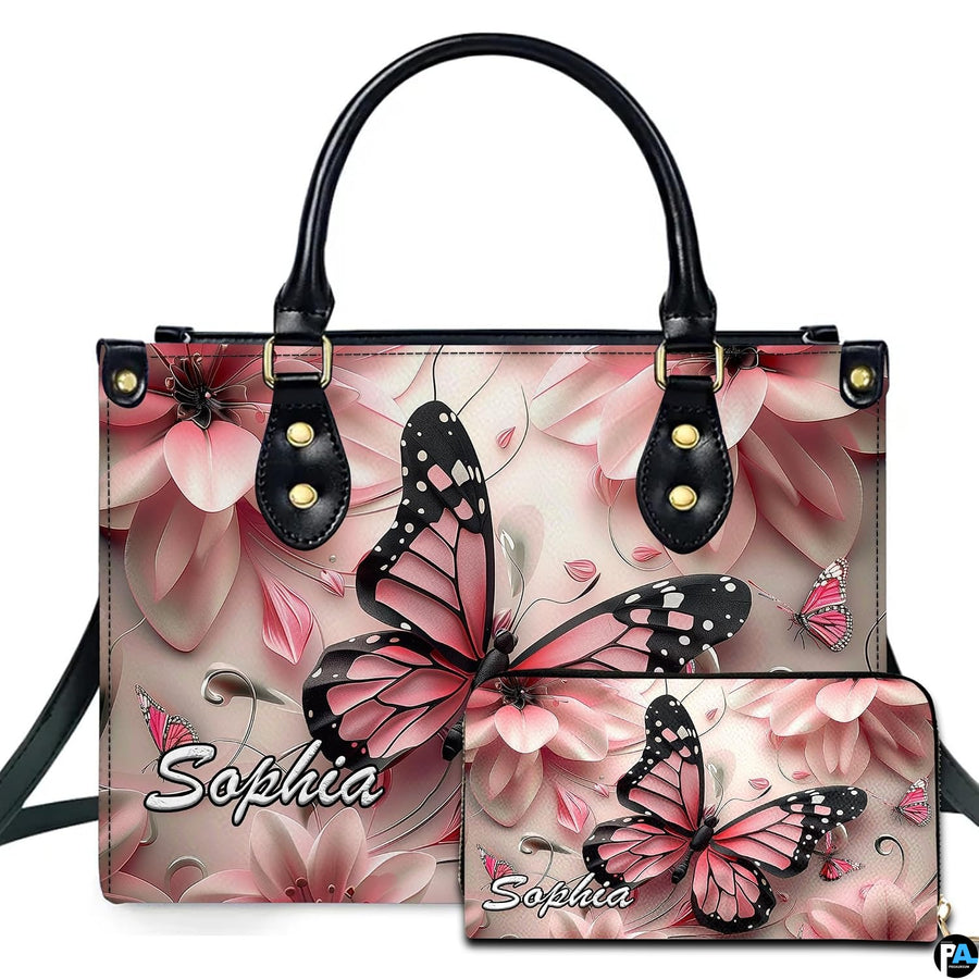 Blush pink butterfly floral handbag and matching wallet set