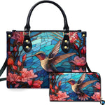 Stained glass hummingbird handbag and matching wallet set featuring colorful mosaic flowers.