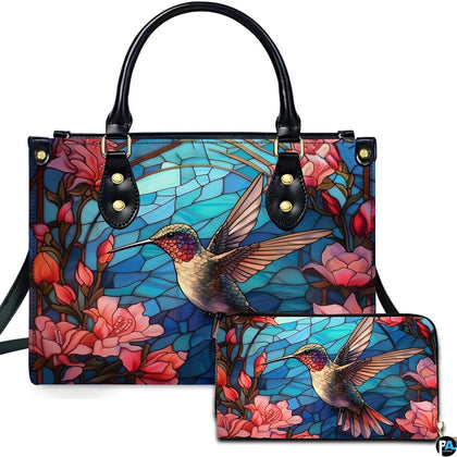 Stained glass hummingbird handbag and matching wallet set featuring colorful mosaic flowers.
