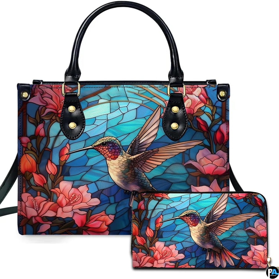 Stained glass hummingbird handbag and matching wallet set featuring colorful mosaic flowers.