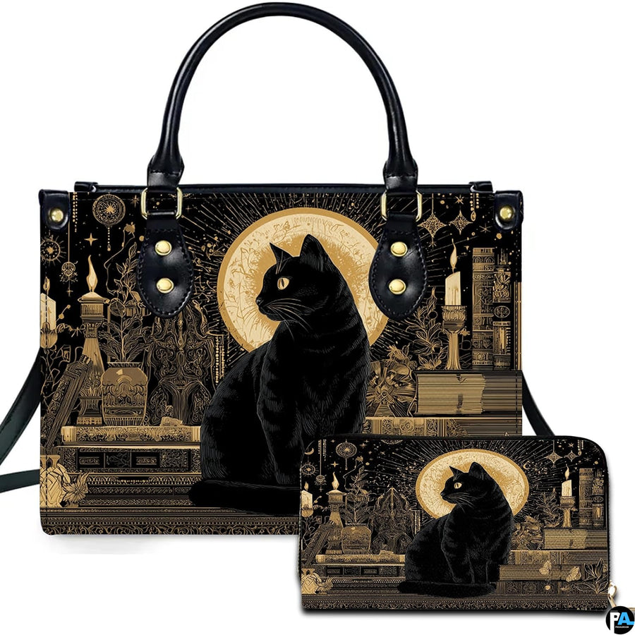 Studio presentation of black cat gothic art beside matching rectangular companion accessory.