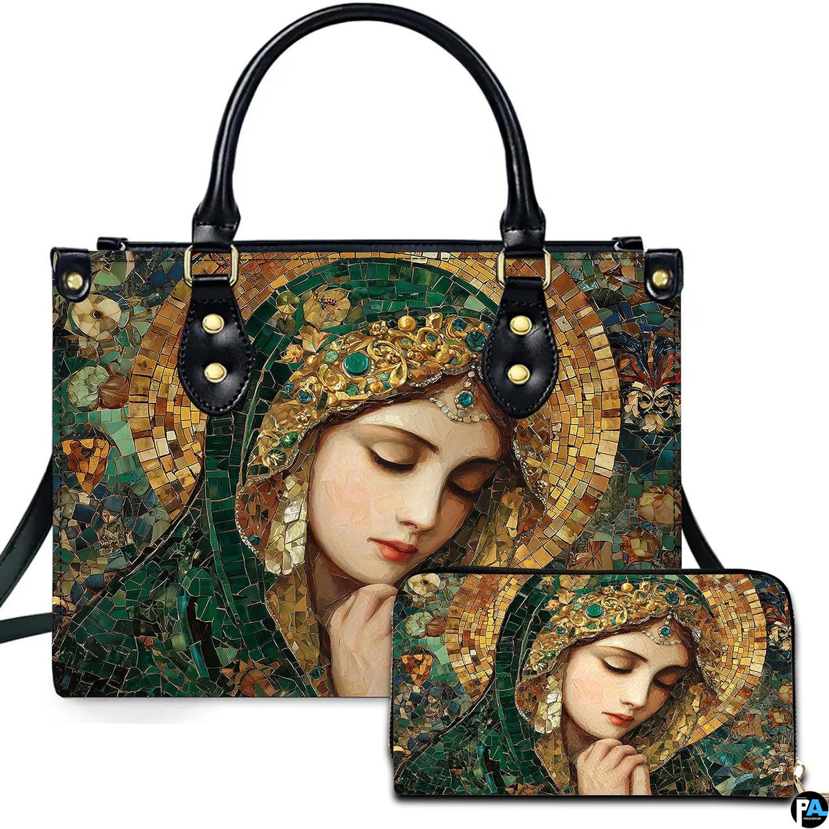 Byzantine mosaic Virgin Mary handbag featuring emerald green and gold tesserae.
